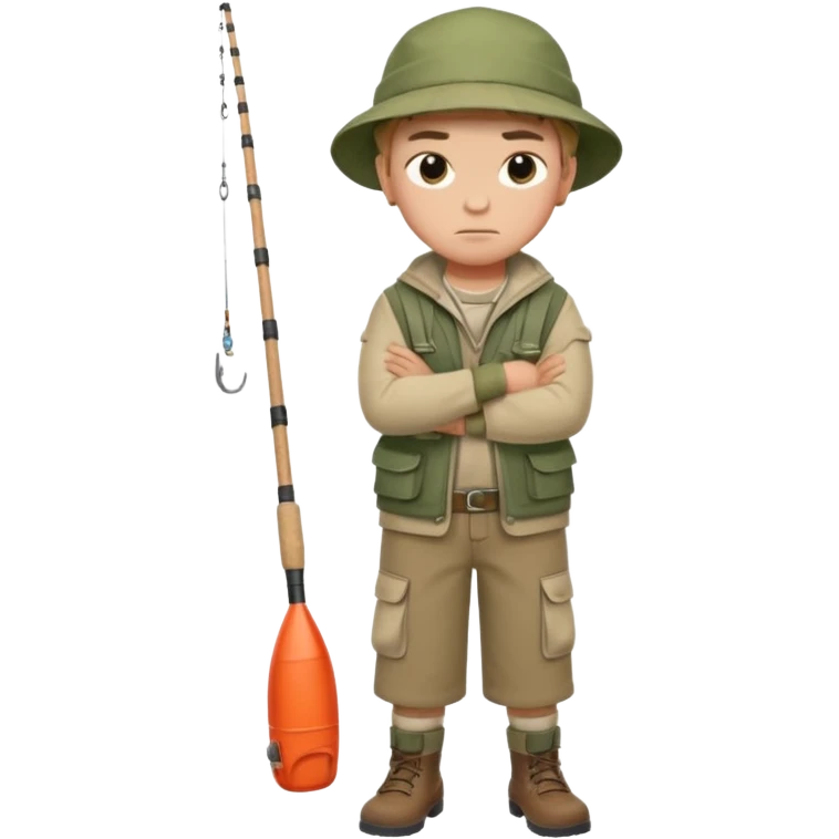 A boy with crossed arms, looking annoyed, dressed in fishing clothes full body emoji