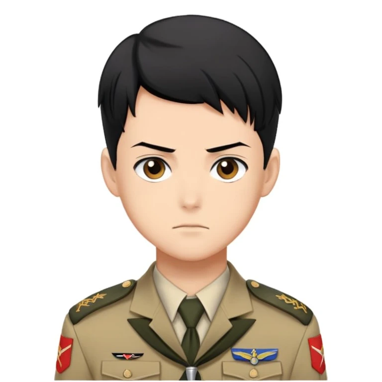 Levi Ackerman with black undercut hair, stern face, Scout Regiment uniform, against yellow background emoji