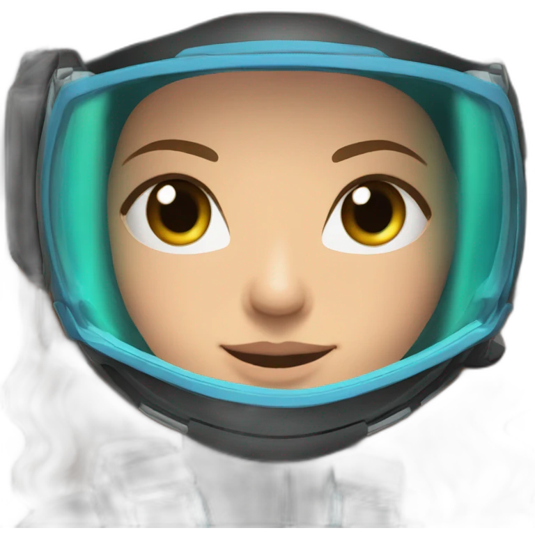 woman with underwater scubadiver gear with fins, in her face green and blue eyes, large and straight brown hair, pink diving underwater black suit gear emoji