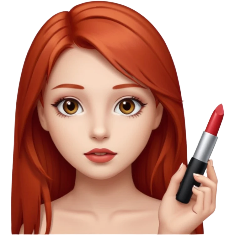 una chica con pose divertida de 18 años con los labios con pintalabios nude y los ojos maquillados, de piel blanca con el pelo liso, largo y pelirrojo, ojos marrones emoji