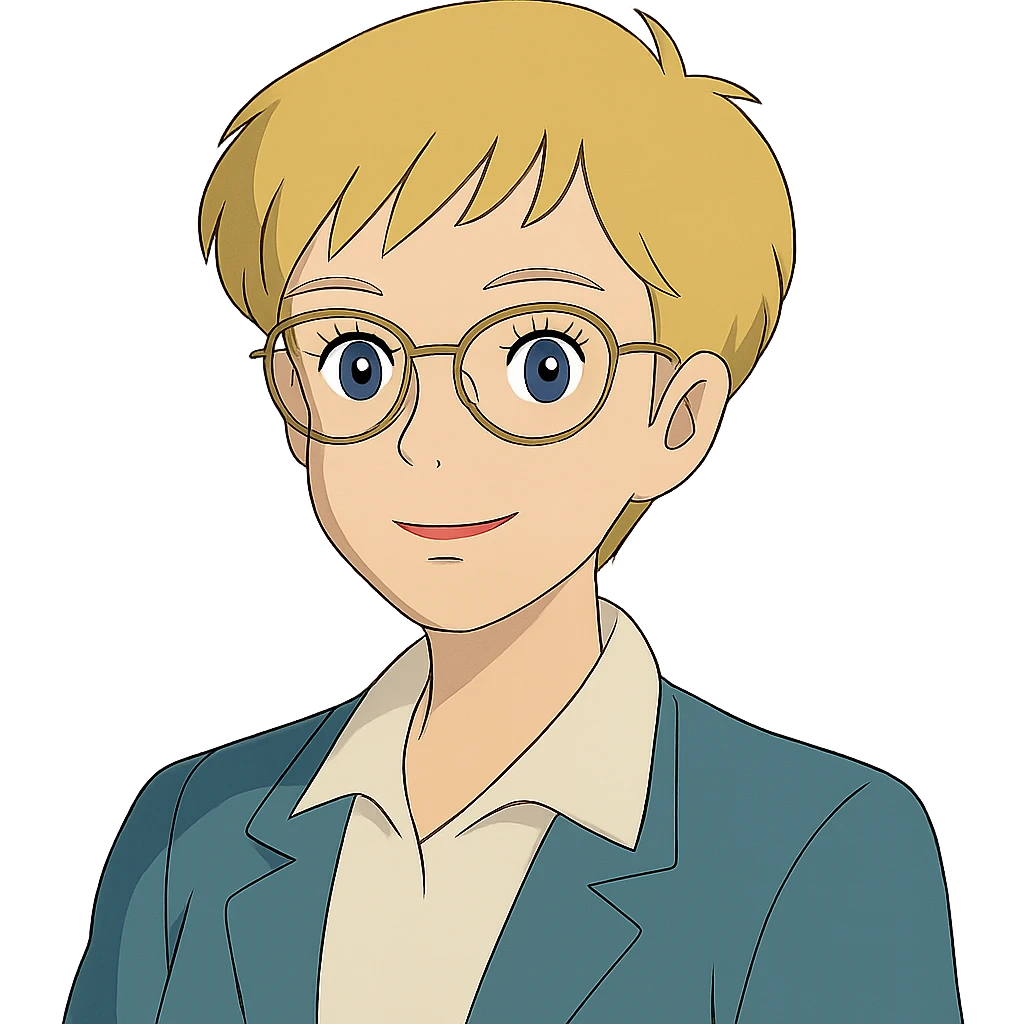 ghibli style blonde teacher with pixie haircut, gold glasses, blue eyes, big eyelashes, nice smile emoji