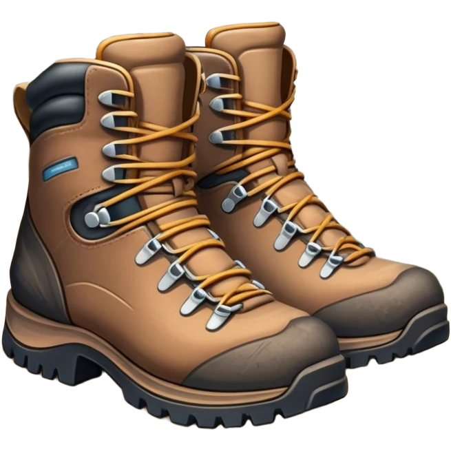 Cinematic Realistic Hiking Boots, well-worn leather boots resting on a rocky trail, scuffed edges and dirt-speckled laces adding character, glowing softly under the dappled sunlight filtering through the trees. emoji