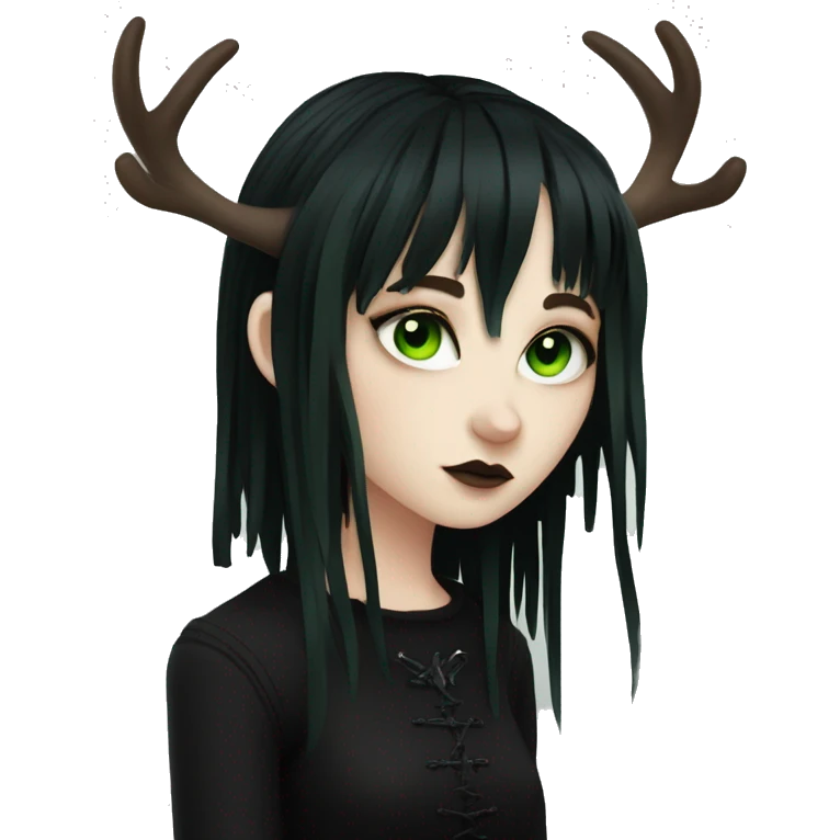 gothic girl, pale skin, green eyes, black dreads, bangs, black clothes, eyeliner, deer antlers  emoji