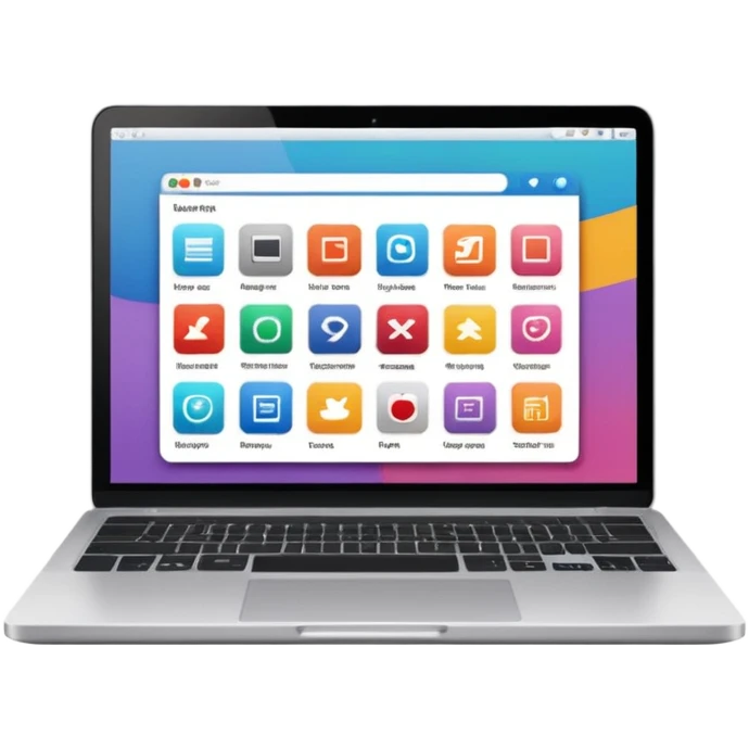 laptop emoji with website on screen organized in grid of colorful image blocks and text blocks, some images showing art or photography emoji