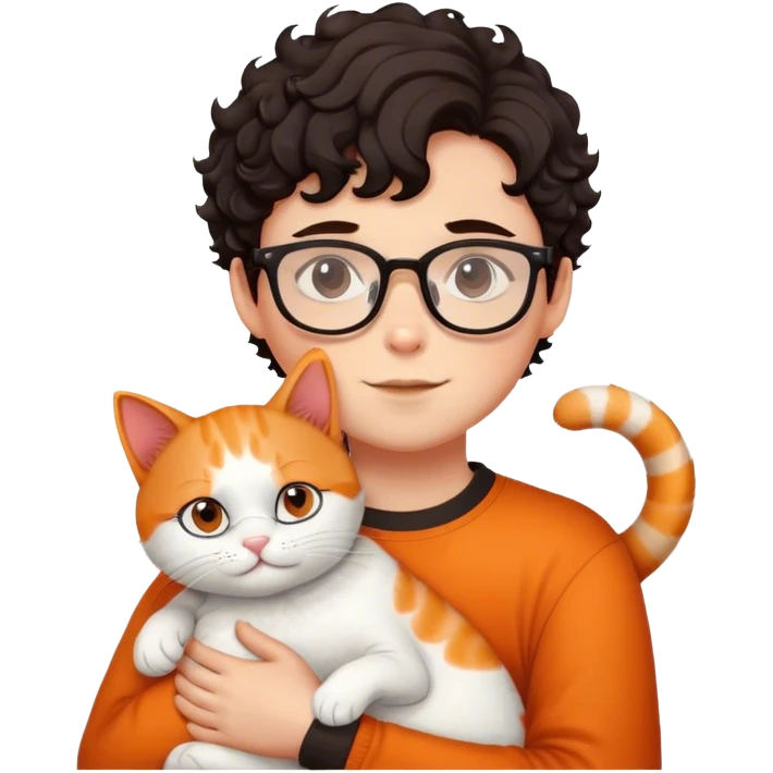 Boy with curl dark hair and glasses hugs white and orange cat emoji