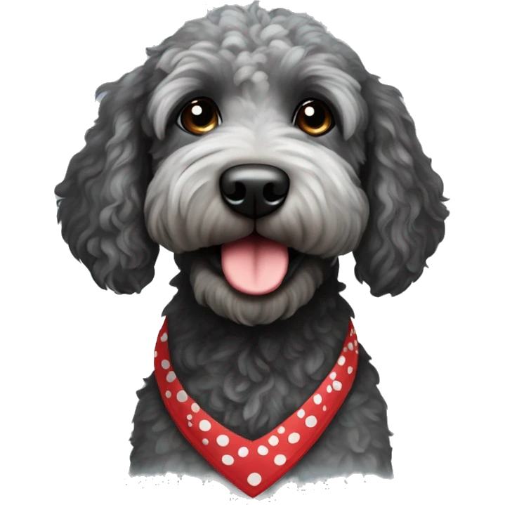 mini black and grey spotted labradoodle dog with red bandana around neck emoji