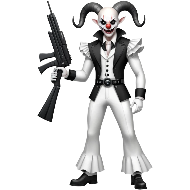 full-body muscular demonic clown in a black and white leisure suit with bellbottom pants, bald, with black ram horns, flashy black and white belt, ruffled white shirt, no neck tie, large fangs, holding a very large futuristic rifle emoji