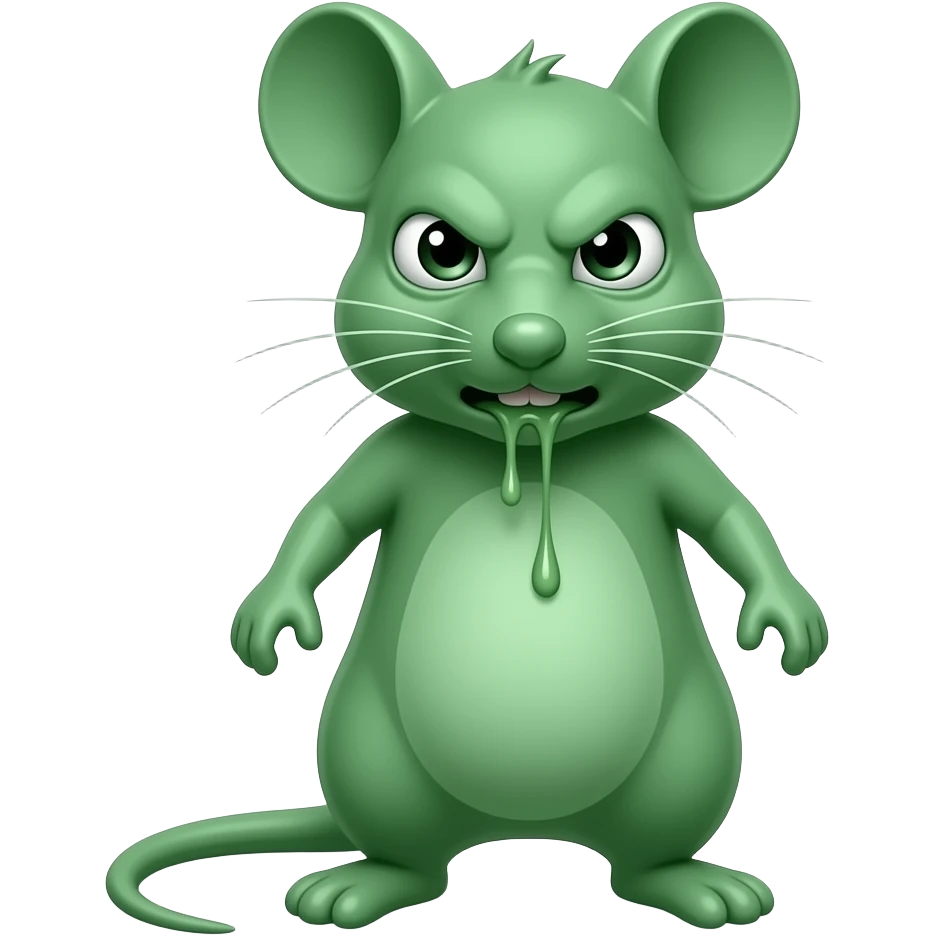 A little green mouse standing upright, with arms and legs that look like those of a little person, staring at us with loathsome face on its face. He's going to throw up .The mouse’s body is entirely green. emoji