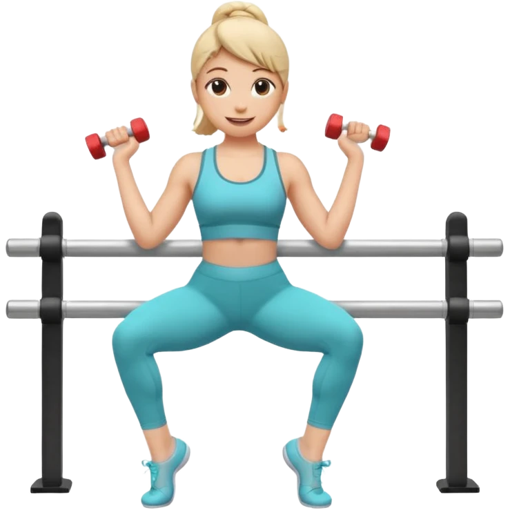 A cute 3D emoji of a fitness woman doing a plié squat at a ballet barre, holding a small dumbbell. She is sweating but smiling. Wearing leggings and a tank top. Soft pastel background, Apple emoji style. emoji