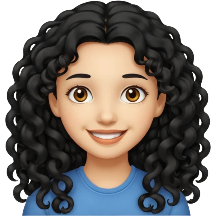 smiling girl, long curly black hair, hazel eyes emoji