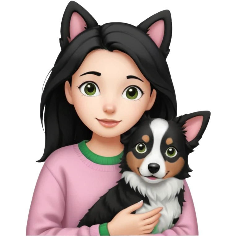 cheerful girl with side parted long black hair, wearing a light pink and green sweater, carrying a black and white border collie with perked ears emoji