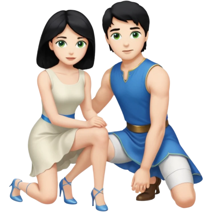 prince, upright, black Hair, blue eyes, Woman, blonde Hair, Green eyes, bending knee, sleveless White Dress, emoji