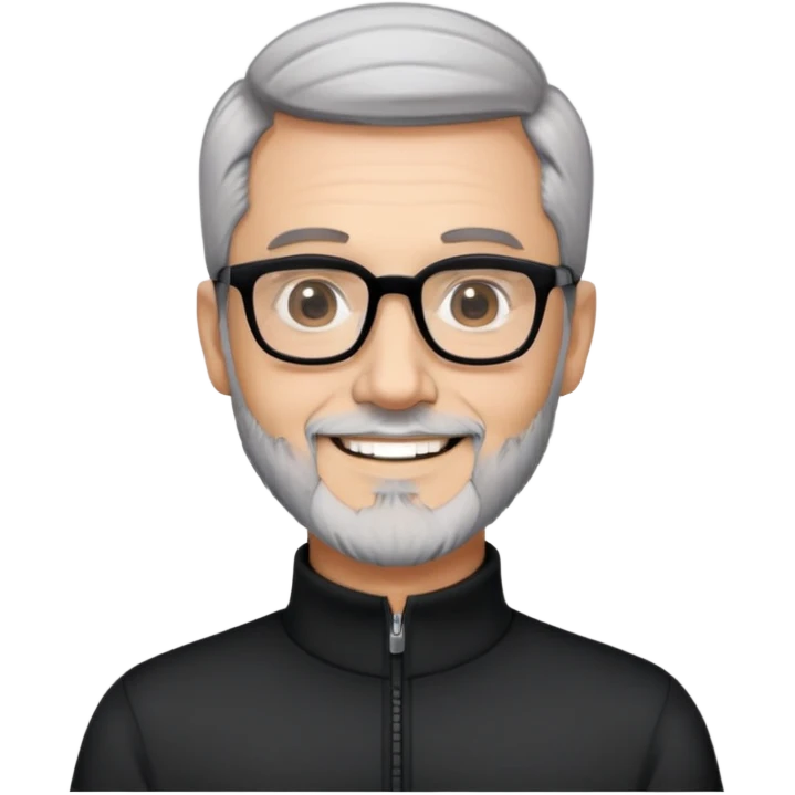 Man with light skin, short black hair styled up, short graying beard, large black-framed glasses, smiling face, black long sleeve mock neck shirt with zip emoji