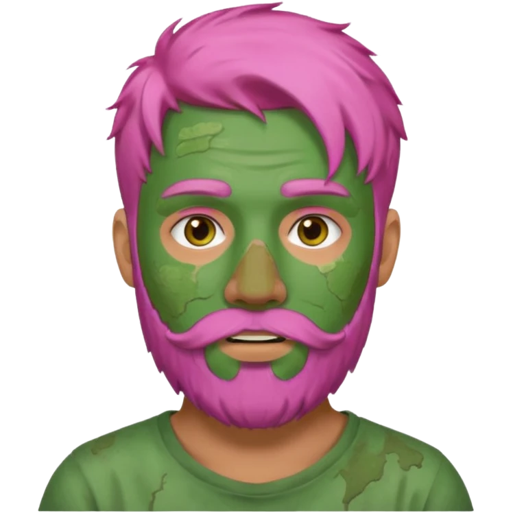 pink haired man with full full face dirty messy green clay mask and beard emoji