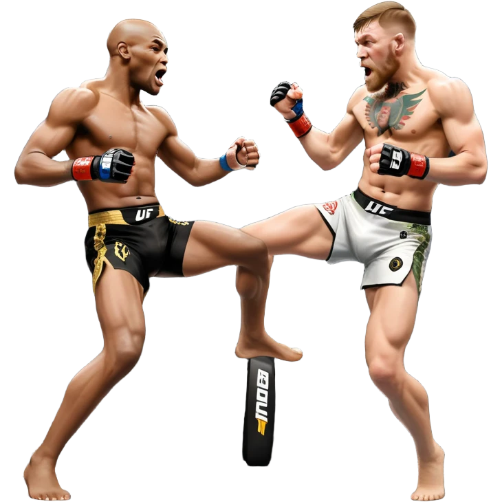 An MMA showdown between Conor McGregor and Anderson Silva in the octagon. McGregor is executing a jumping strike, while Silva skillfully deflects the attack. The background shows the UFC octagon with roaring fans and vibrant energy. Transparent background. emoji