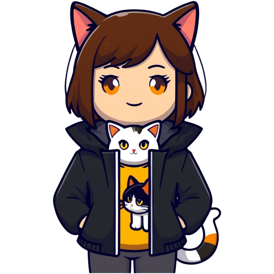 Light-skinned girl with brown straight hair wearing a black jacket, with one pure white cat with yellow eyes and one calico cat with orange black and white patches emoji