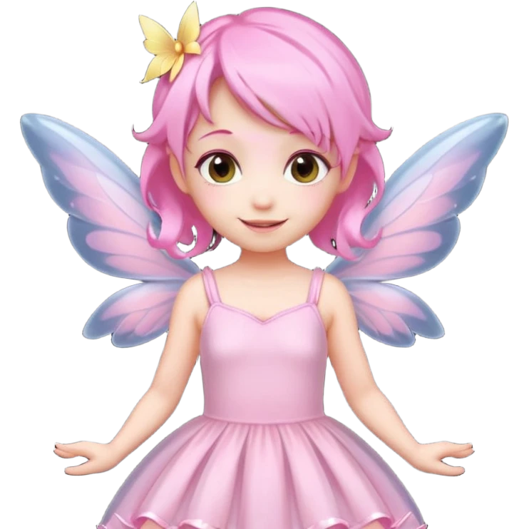 A tiny pastel fairy with pink hair with glowing wings and a sweet smile  emoji
