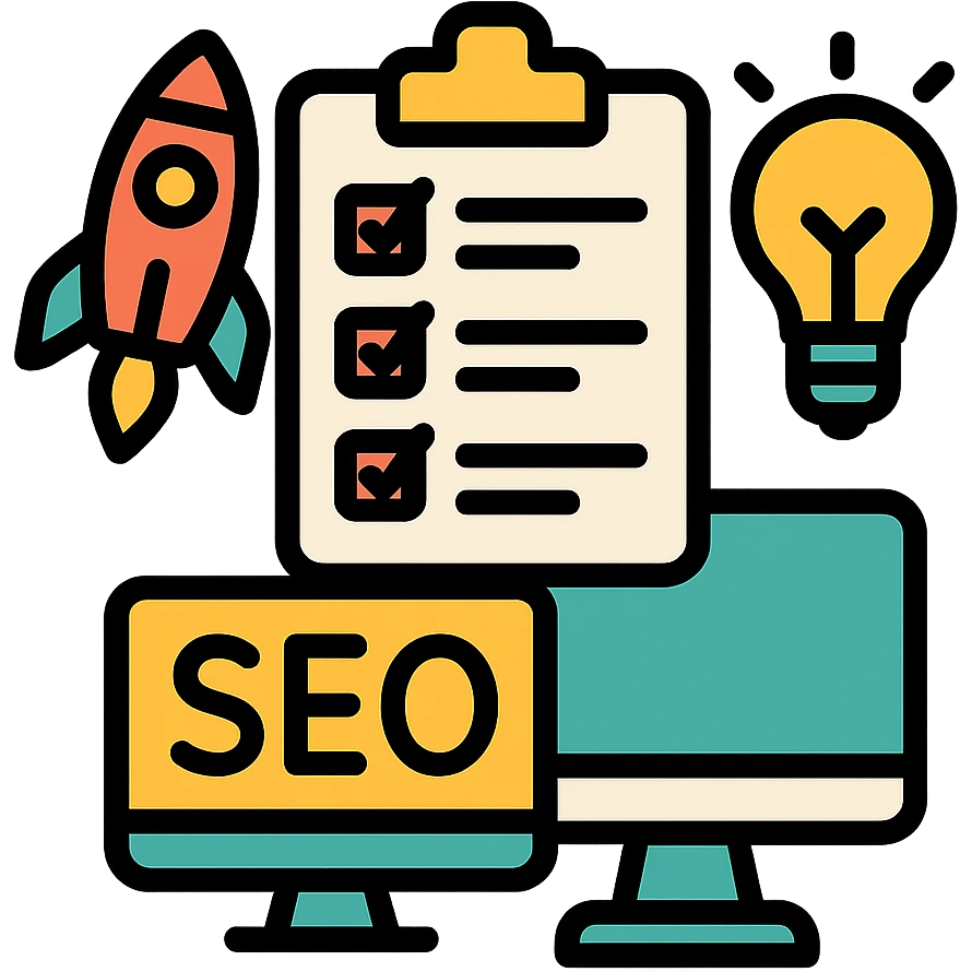 checklist, rocket, lightbulb, computer screen, modern clean style SEO strategy emoji emoji
