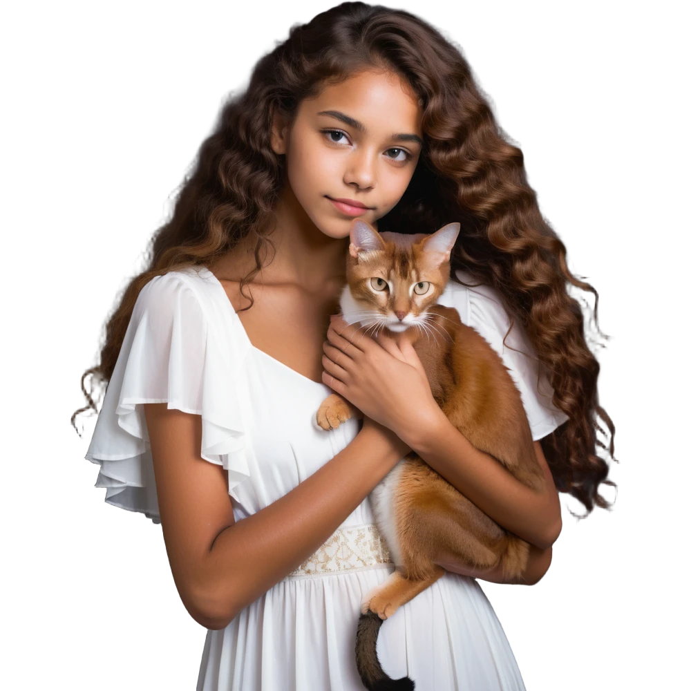 beautiful girl with curly long brown hair in a white dress cuddling an Abyssinian cat with reddish-brown fur emoji