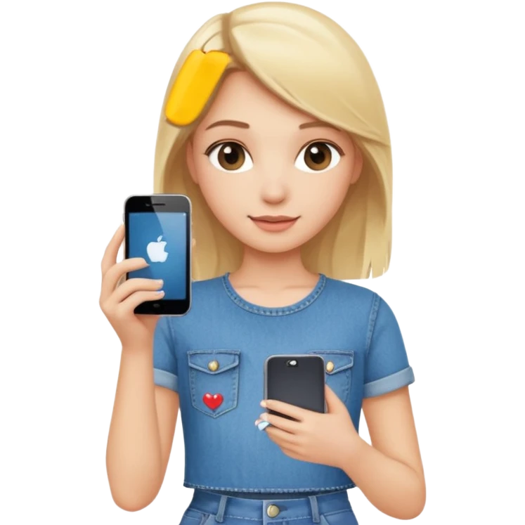 A blonde pretty girl wearing a denim skirt holding an iPhone 16 emoji