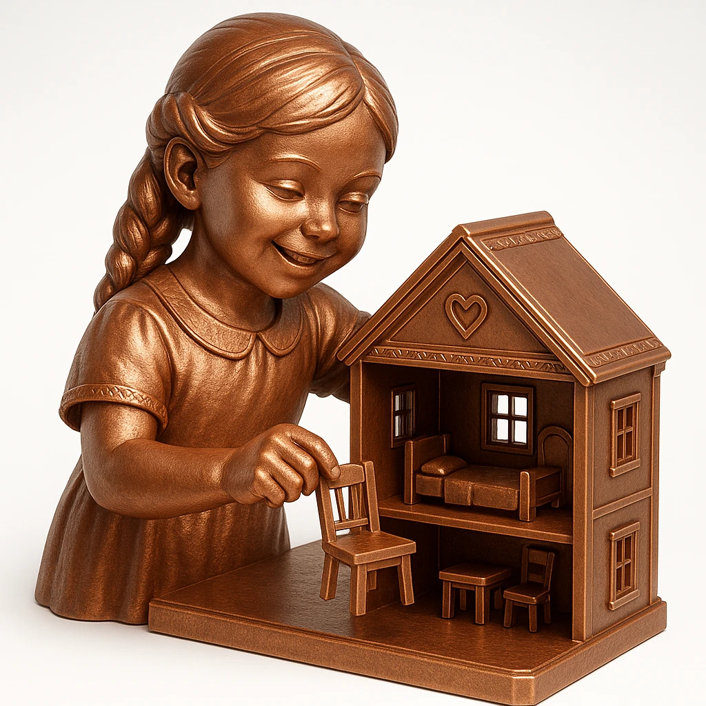 smiling girl arranging furniture in doll house emoji
