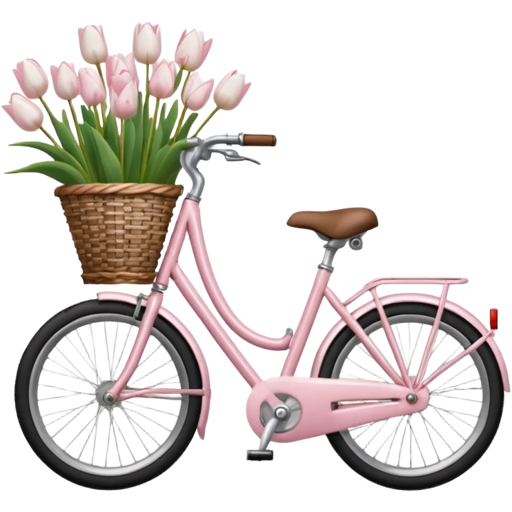 realistic light pink bicycle with basket of white tulips at front emoji
