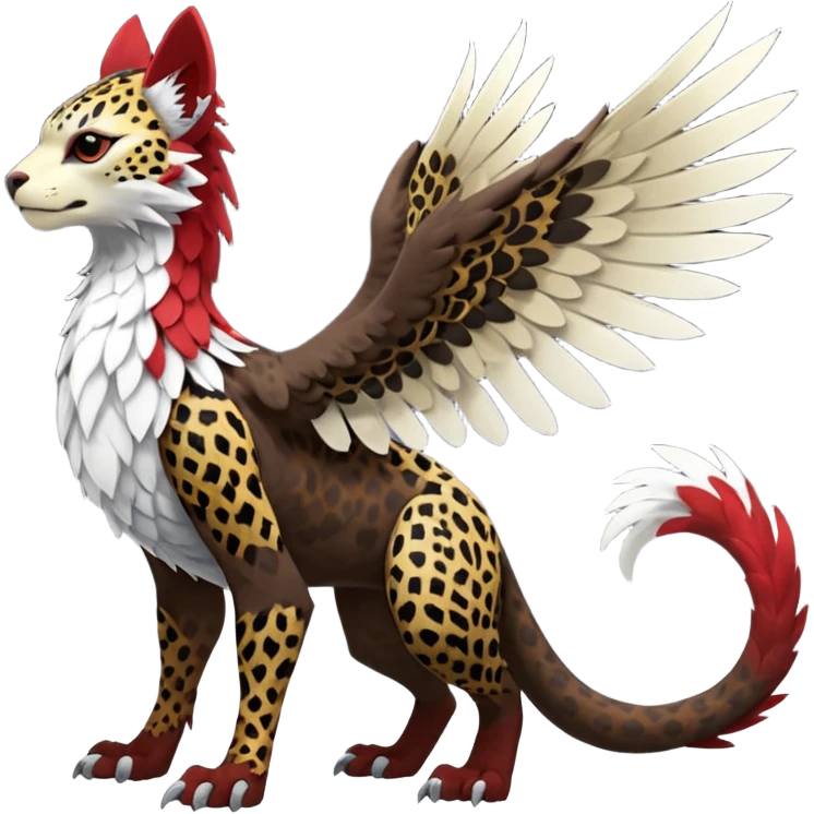 Winged hyper-realistic Feral Rare realistic edgy brown, white, red pretty beautiful handsome gorgeous aesthetic colorful vibrant Vernid-Trico-Silvally-Nargacuga-Gryphon-Leopard-fusion-hybrid-species-Fakemon-creature by LiLaiRa, splotch-rosettes fur markings, rounded ears, full body emoji