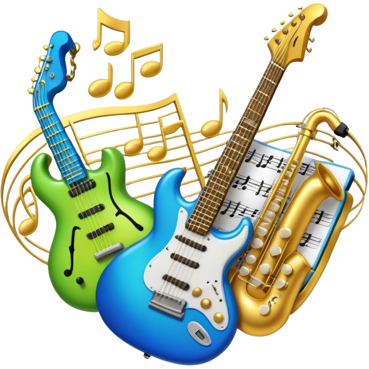 Create an artistic and vibrant emoji that represents music arrangement and orchestration. The design should feature musical notes, a synthesizer, drums, and an electric guitar, symbolizing the fusion of different instruments in an arrangement. Include subtle details like flowing lines to represent harmony between instruments, and integrate sheet music in the background. Use a dynamic mix of colors like electric blue, neon green, and gold to evoke both the classical and modern elements of music. The background should be transparent, with elements that show the blend of creativity and musical structure. emoji