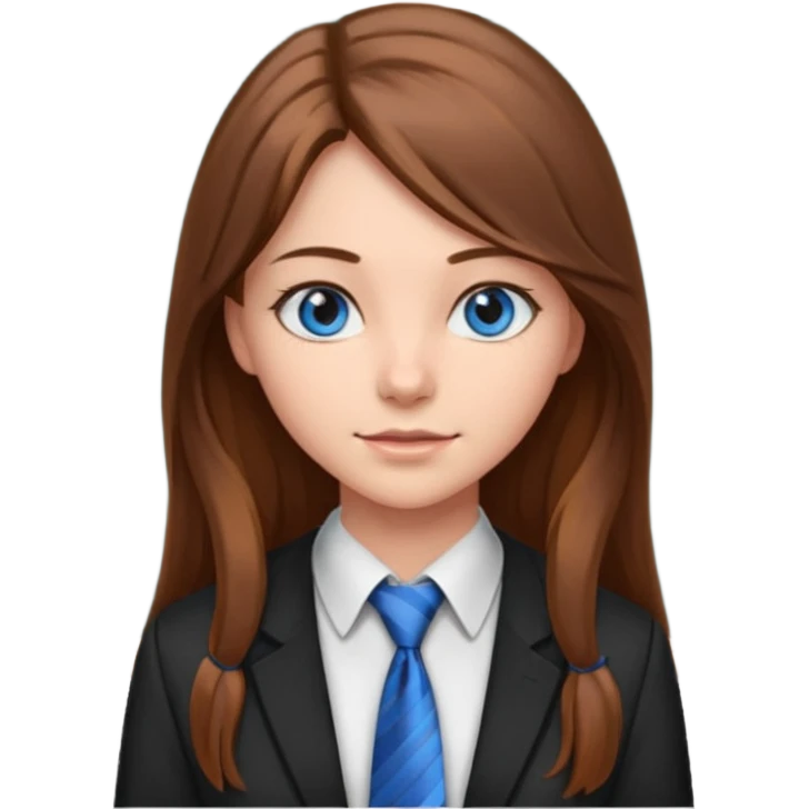 high school class room with a blackboard, with a pretty female high school student with long brown hair, blue eyes, wearing a tie emoji