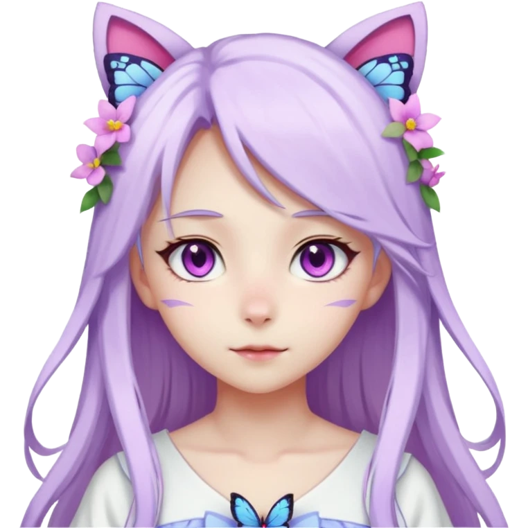female anime character with pink eyes long white hair and periwinkle highlights and cat ears on her head. She is wearing a white dress with purple flowers and butterfly. emoji