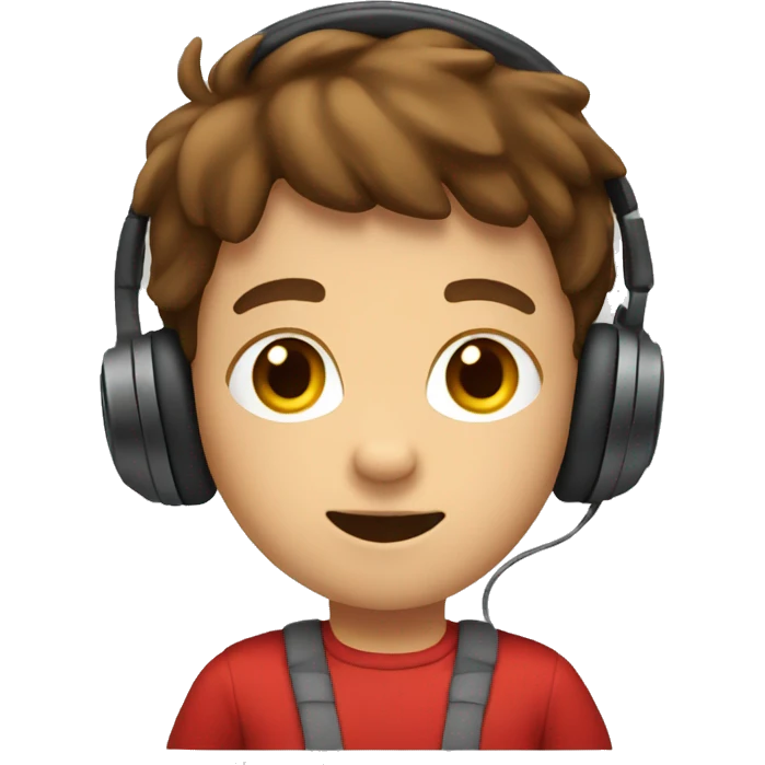 A kid with a red t shirt and brown hair and headphones  emoji