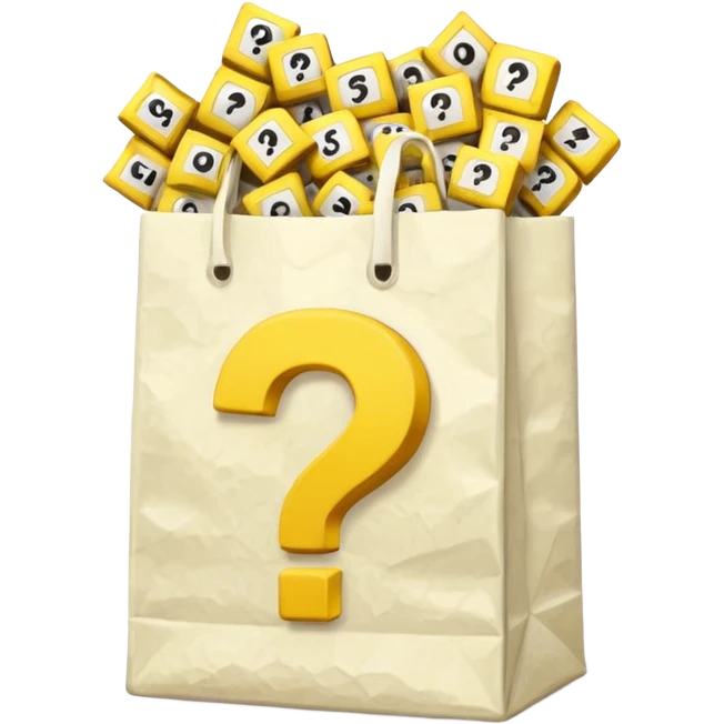 crumbled white goodie bag with yellow questions mark boxes stuffed in it emoji