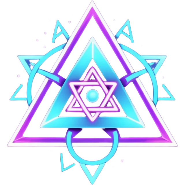 futuristic minimalistic logo icon, glowing triangle formed by three merging neon energy streams representing Storm, Atom, and NoizeGames, neon purple (#8B5CF6) and cyan (#00E0FF), dark background, unity and harmony design, no face, 1:1 aspect ratio emoji