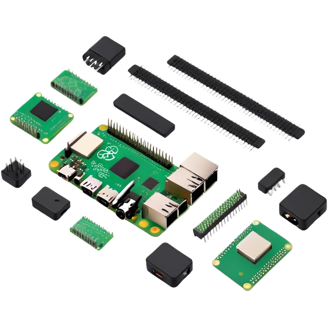 group of hardware parts like raspberry pi , chips, sensors, and cameras.  emoji
