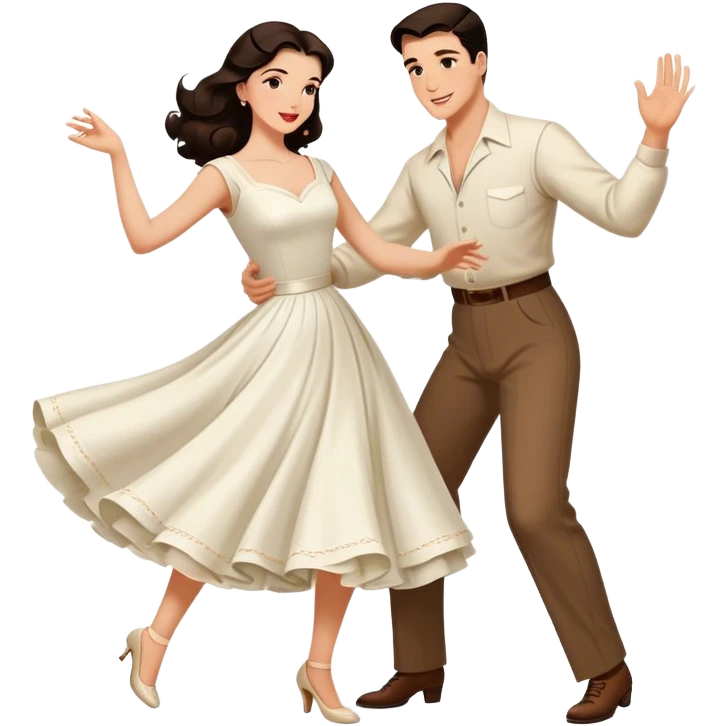 Beautiful woman in 1950’s woman fashion look, white dress, long dark brown hair, balboa couple dance  emoji