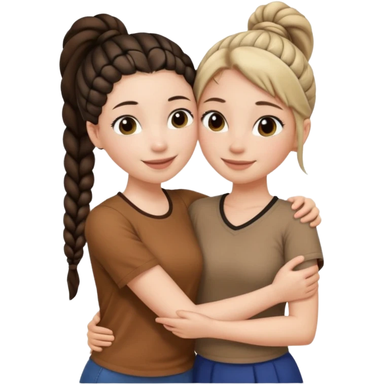 Comforting Hug two white skin women, one shorter woman with brown simple top ponytail, not braided, and one taller woman with long black side braid emoji