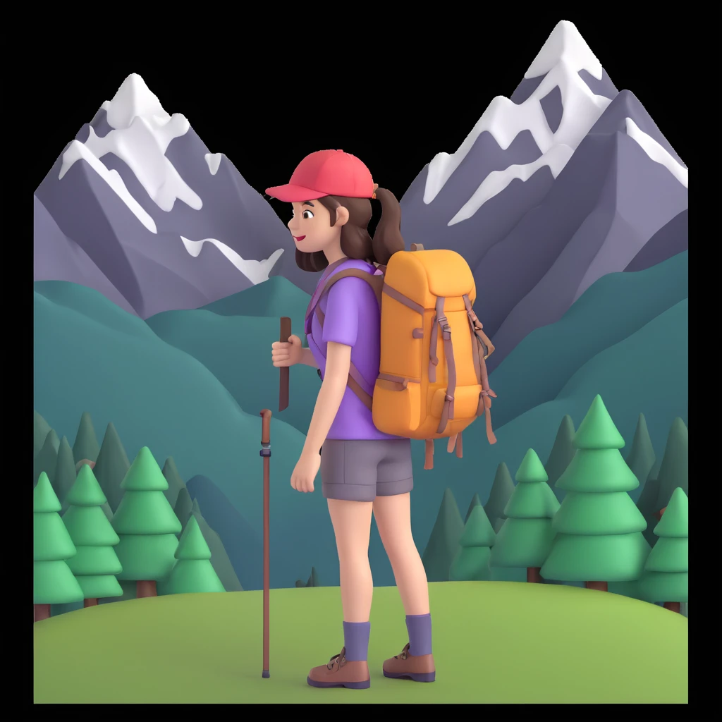 girl back packing mountains in background, close up pose emoji