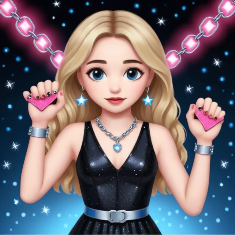 Sabrina carpenter at concert wearing a black sparkly dress with a silver sparkle v neck she is holding up pink handcuffs towards audience and kneeling, blue and red lights setting  emoji