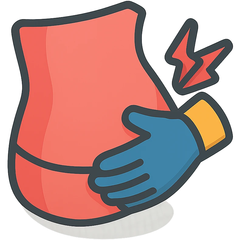 extreme close-up of a person's stomach with one hand clutching the side, showing discomfort, only the stomach and hand, no face, 2D isometric illustration style emoji