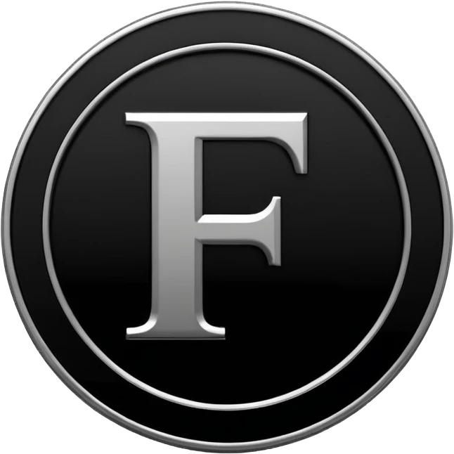Emoji icon of a black coin with engraved letter F, minimalist style, isolated, no color emoji