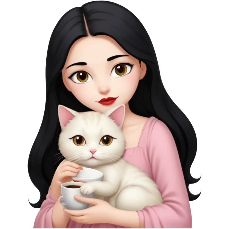 Beautiful Girl Long Hair black, Brows Big , Skin White, Dress Pale Pink , Big Red Lips, EyesCoffe , Hug Little baby Persa Cream Cat With Cute Eyes emoji