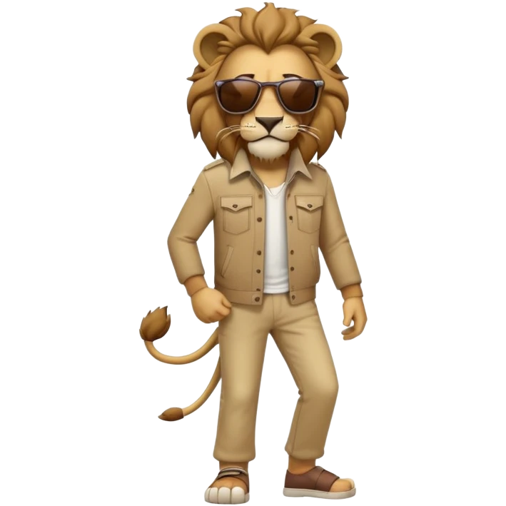 anthropomorphised lion in casual clothes with sunglasses walking upright, relaxed pose emoji