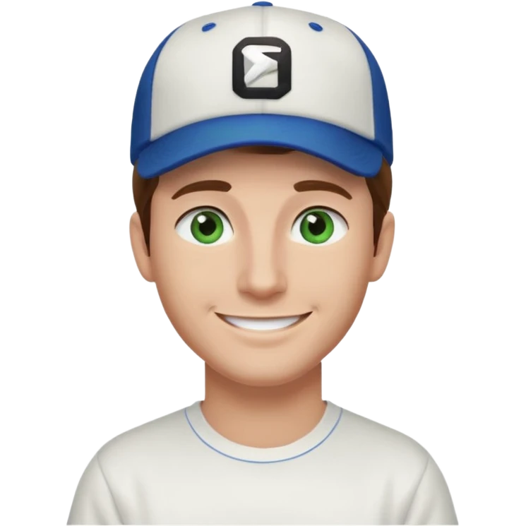 Brown hair man white tshirt black baseball hat green/blue eyes emoji