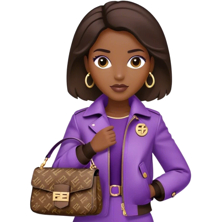 Beautiful black woman wearing a brown monogram Fendi jacket and carrying a purple Fendi baguette bag. I want the image to start at her head and end at the waist emoji