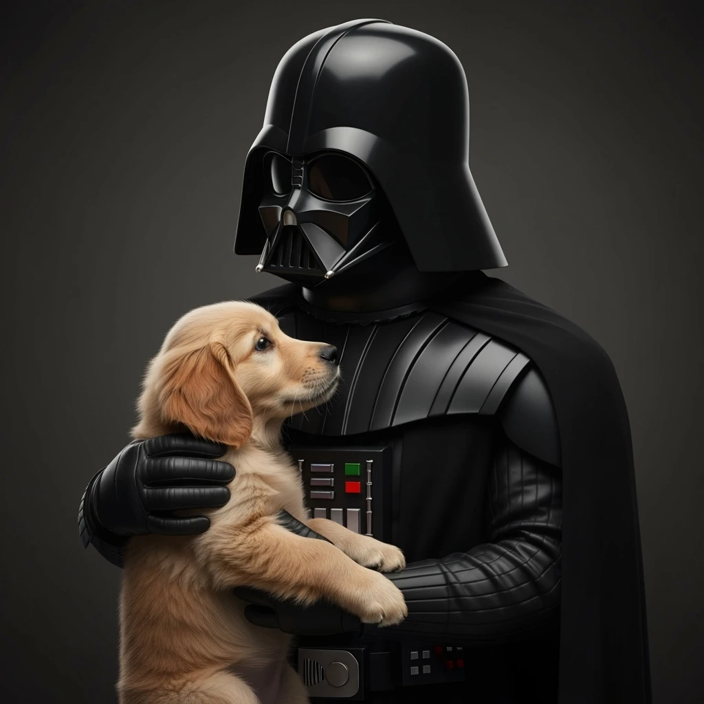 Photo of a darth vader holding puppy golden retriver, low key light emoji
