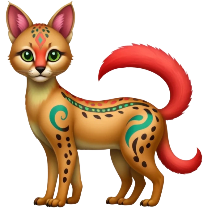 Colorful cute adorable tropical exotic fruity kiwi-green lemony rosy neon-red Caracal-Cheetah-Civet-Trico-fusion-hybrid-animal-creature, full body, with tribal tattoos emoji