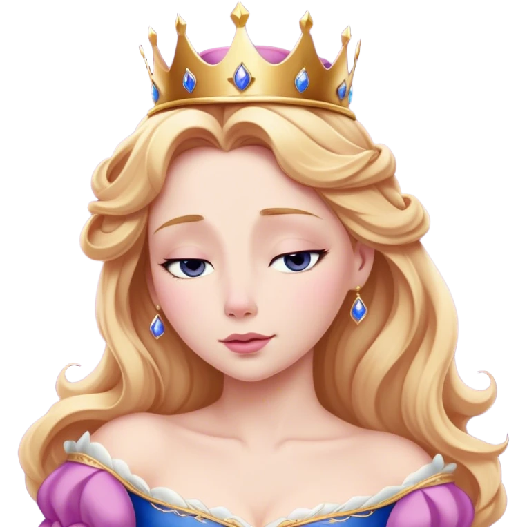 Cinematic Realistic Sleeping Beauty (Aurora) Portrait, with porcelain-like skin featuring a natural rosy flush, illuminated by soft lighting that highlights the gentle contours of her face. Her golden blonde hair flows in soft, detailed waves with subtle highlights that shimmer in the light. Her deep violet-blue eyes radiate warmth and innocence, framed by arched brows and long lashes. Her serene expression exudes quiet elegance. She is dressed in her classic pink gown, the fabric rich in texture with delicate folds that catch the light. A golden crown rests atop her head, gleaming with royal refinement. The portrait captures a soft, glowing aura, blending realism with an ethereal sense of beauty and timeless enchantment. emoji
