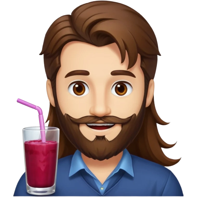 bust man long brown hair brown eyes medium beard white skin with berry juice stained lips grin emoji