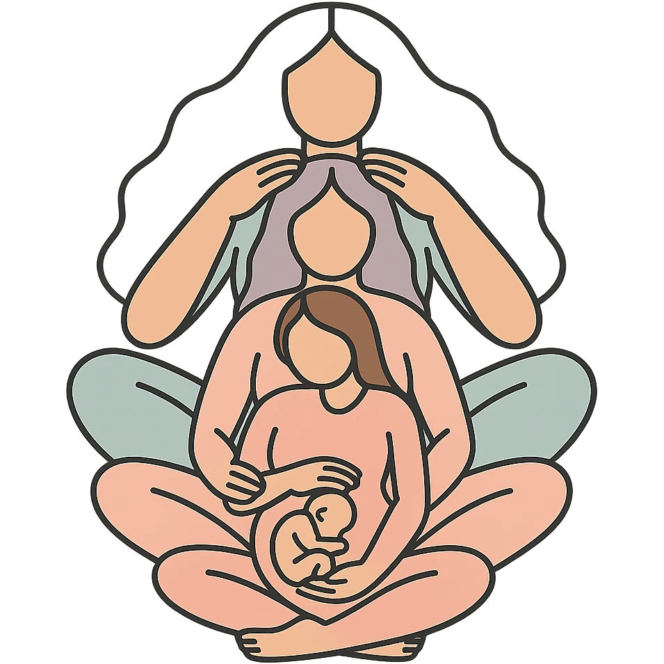 Several generations of women sitting one behind the other as in the reference, all dressed in flesh-colored bodysuits, Chinese Eastern style, icon-color-outlined style with thin clean contours, soft rounded shapes, pastel palette #98B5BC, #B5B3C1, #C9A3C9, #E4C0CA, #F7DCD1, #F7C0AA, expressive shadows and highlights, transparent background, no decoration, less cute. Silhouettes and composition as in the reference. emoji