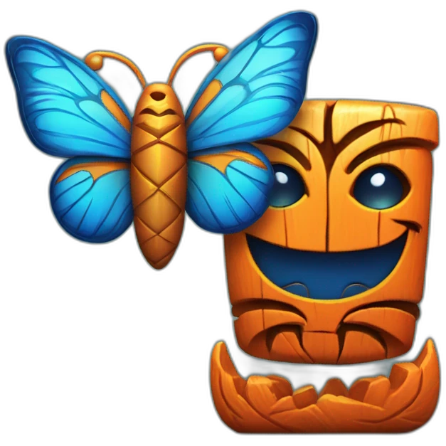 Cartoon Blue and orange smiling tiki with butterfly  emoji
